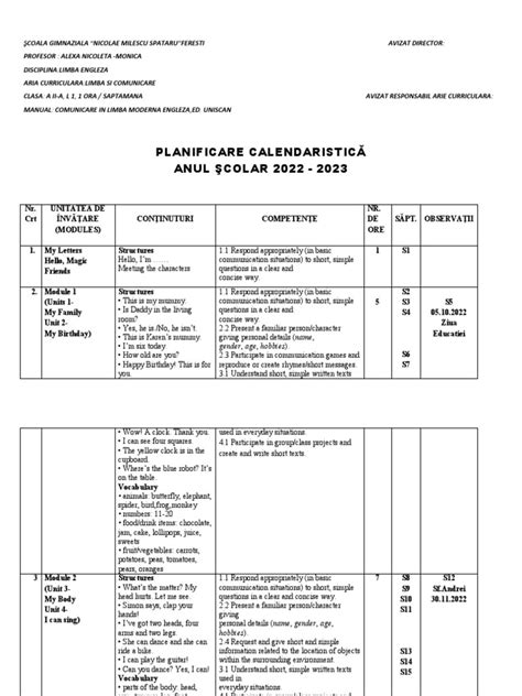 Calendar EN II II 2026 clasa a 2-a - planificare semestru 1