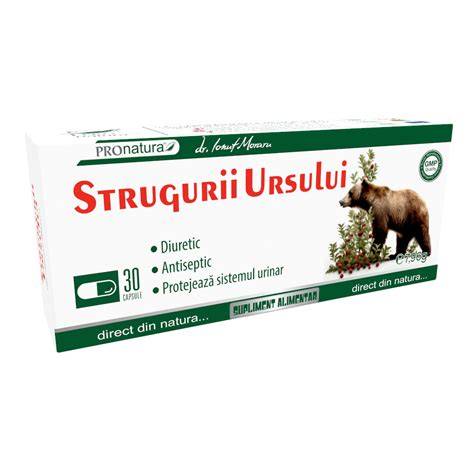 Infographic: Principii active din strugurii ursului (arbutină, taninuri, flavonoide) și modul de acțiune în tractul urinar