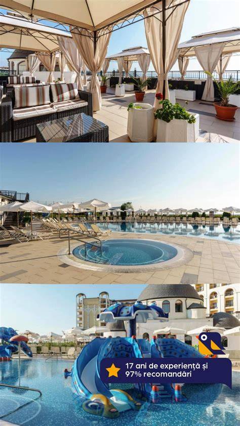 Infografic cu facilități hotel, piscină, grădină și plajă la 200 m