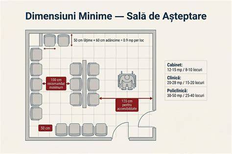Scheme spațiu recepție și zone așteptare cu accente alb-ameg pentru secția maternitate