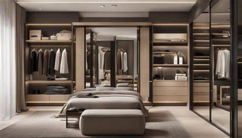 Dormitor modern minimalist - paletă neutră, spații de depozitare ascunse