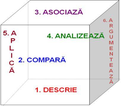 Infographic cu structura cubului didactic: 6 fețe, 6 sarcini independente, ordine de desfășurare