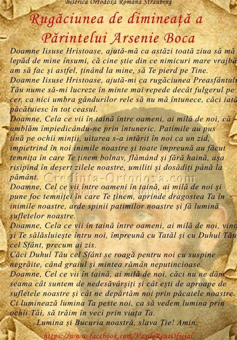 Rugăciune Arsenie Boca infografic - structura rugăciunii, sfinți ocrotitori, momente liturgice