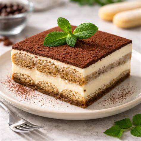 piesa de tiramisu clasic și varianta fără ouă crude prezentate pe farfurie