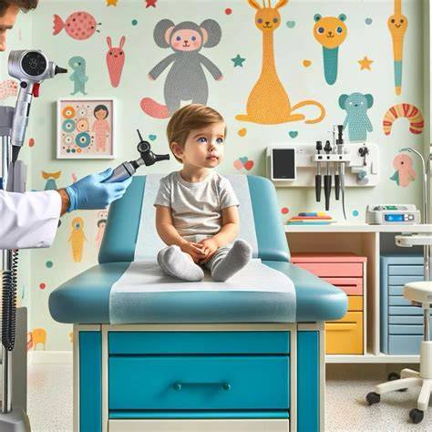Imaginea unei consultații ORL pediatrie, cu echipamente adaptate copiilor