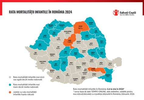 Harta mortalității infantile pe județe în 2024, cu județe cu cele mai mici și cele mai mari rate