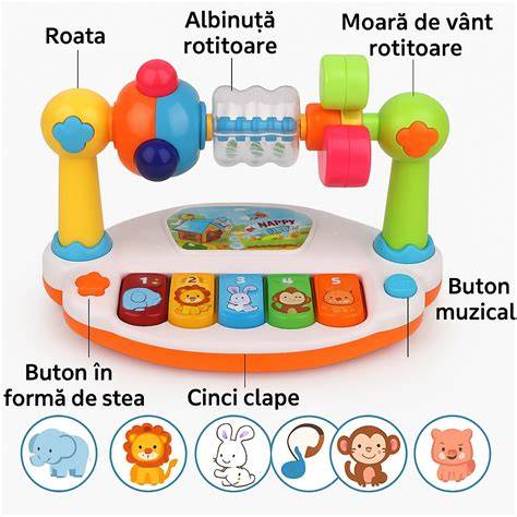 Decor muzical pentru bebelusi: xilofon, tamburină, pian cu lumini