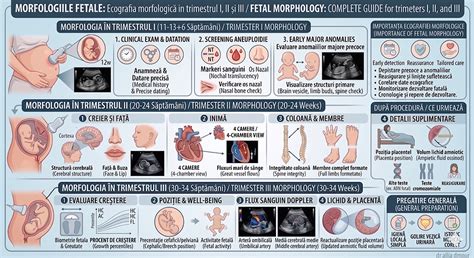 Infografic: etape ecografie sarcină (confirmare, morfologie, trimestru II, trimestru III)