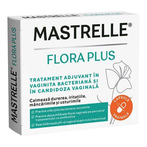 Infografic: cum acționează Mastrelle Flora Plus asupra florei vaginale (prebiotic, lactobacili, pH) si componentele principale