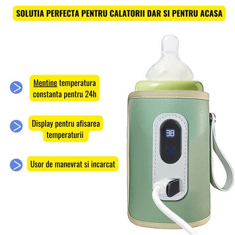 Incalzitor de biberoane portabil cu USB conectat la sursa auto si baterie, afisaj LCD